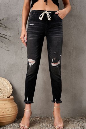 Серые рваные джинсы с эластичным поясом на шнуровке