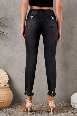 Black Elastic Waist Straight Leg Destroyed Raw Hem Jeans