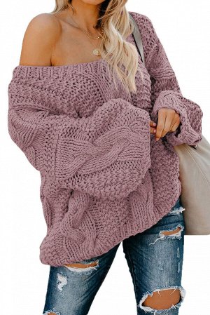 Pink Bubblegum V-Neck Braided Knit Sweater