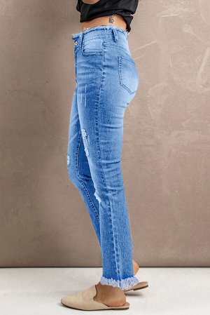 Sky Blue Frayed Ripped High Waist Flare Jeans