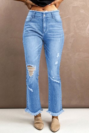 Sky Blue Frayed Ripped High Waist Flare Jeans