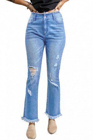 Sky Blue Frayed Ripped High Waist Flare Jeans