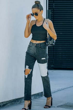 Black Colorblock Patchwork Ripped Hole Crop Straight Jeans