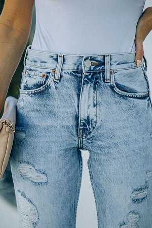 Sky Blue Light Wash Distressed Straight Jeans