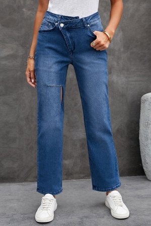 Dark Blue High Rise Distressed Crisscross Straight Denim Pants