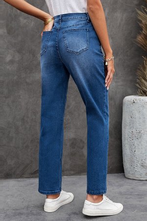 Dark Blue High Rise Distressed Crisscross Straight Denim Pants