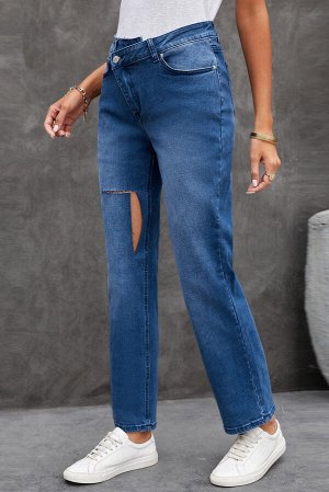 Dark Blue High Rise Distressed Crisscross Straight Denim Pants