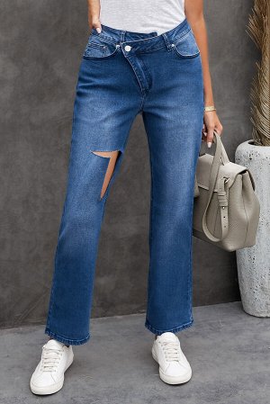 Dark Blue High Rise Distressed Crisscross Straight Denim Pants