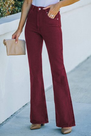 Burgundy High Waist Flare Jeans with Pockets