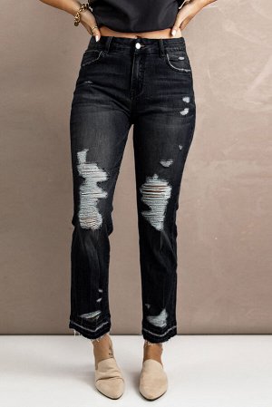 Black Washed Straight Leg Distressed High Waist Jeans