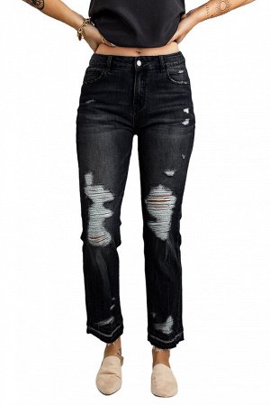 Black Washed Straight Leg Distressed High Waist Jeans