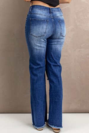 Blue Distressed Ripped Buttons Bell Bottom Jeans