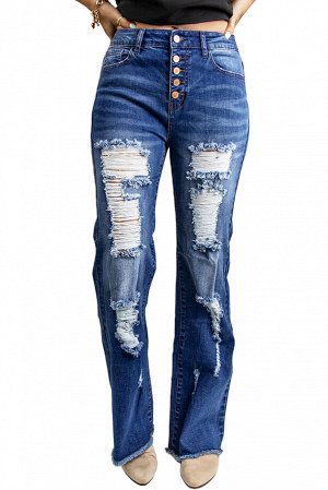 Blue Distressed Ripped Buttons Bell Bottom Jeans