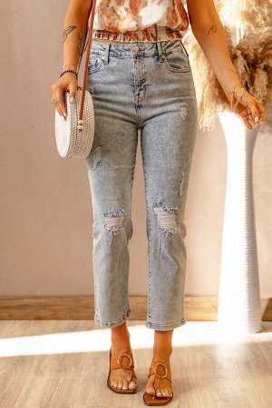 Sky Blue Light Wash Ripped Straight Leg High Rise Jeans