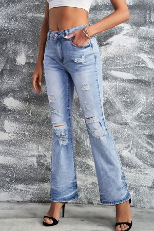 Sky Blue Distressed Mid Waist Ripped Flare Jeans