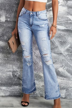 Sky Blue Distressed Mid Waist Ripped Flare Jeans