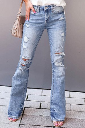 Sky Blue Distressed Mid Waist Ripped Flare Jeans