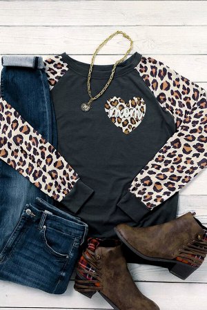 Черный свитшот-реглан с леопардовыми рукавами