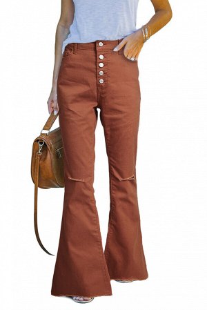 Brown High Rise Distressed Bell Bottom Denims