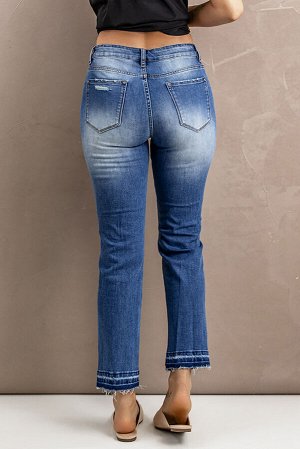 Sky Blue Washed Straight Leg Distressed High Waist Jeans