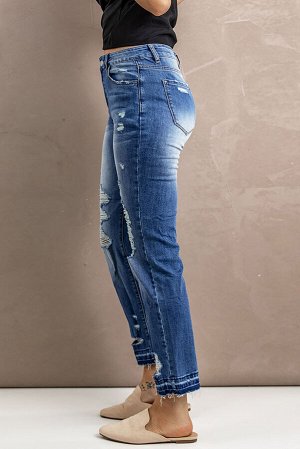 Sky Blue Washed Straight Leg Distressed High Waist Jeans