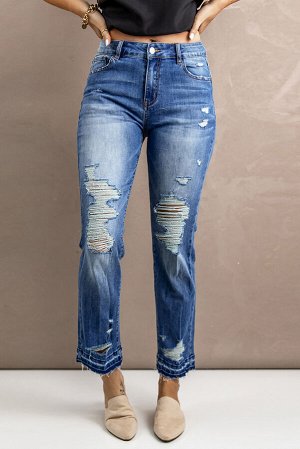 Sky Blue Washed Straight Leg Distressed High Waist Jeans