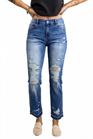 Sky Blue Washed Straight Leg Distressed High Waist Jeans