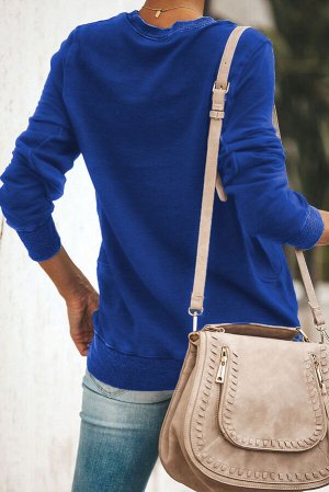 Синий флисовый однотонный пуловер-свитшот