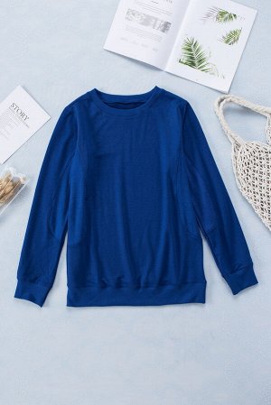 Синий флисовый однотонный пуловер-свитшот