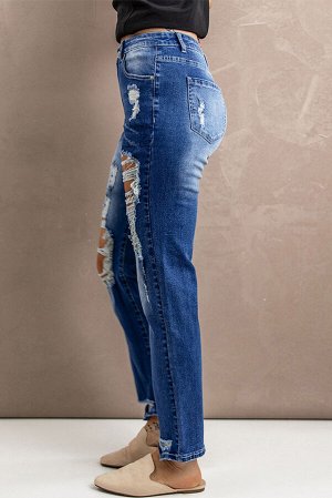 Blue Ripped Hollow-out Straight Jeans