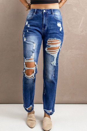 Blue Ripped Hollow-out Straight Jeans