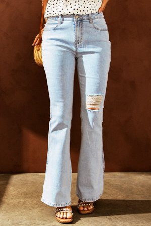 Sky Blue Black Ripped Slit Legs Flare Jeans