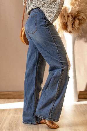 Blue Distressed Ripped Slits Wide Leg Jeans