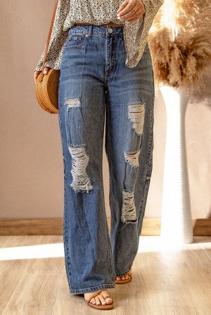 Blue Distressed Ripped Slits Wide Leg Jeans