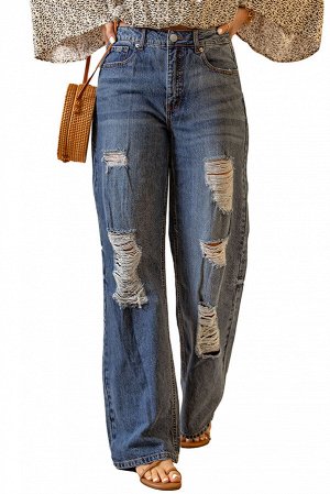 Blue Distressed Ripped Slits Wide Leg Jeans