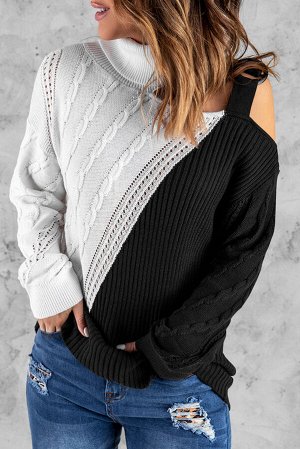 Черно-белый вязаный свитер с воротником под горло и вырезом на плече