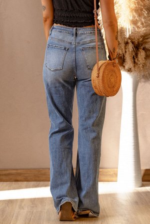 Sky Blue Distressed Ripped Knee Straight High Waist Jeans