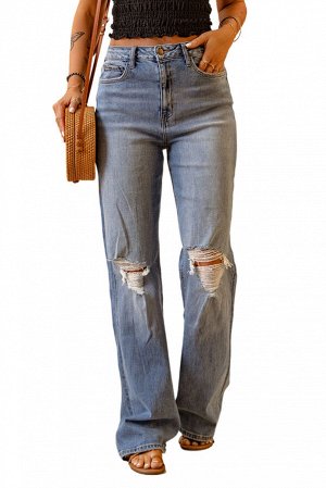 Sky Blue Distressed Ripped Knee Straight High Waist Jeans