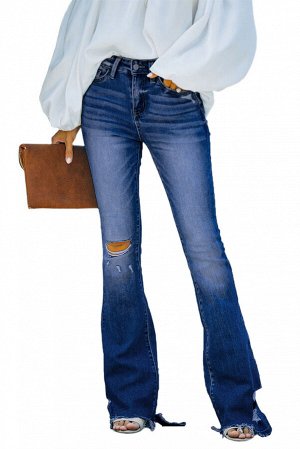 Blue High Rise Distressed Flared Jeans