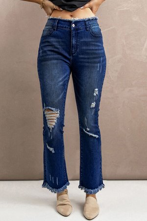 Blue Frayed Ripped High Waist Flare Jeans