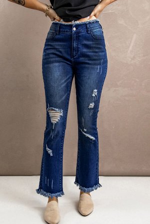 Blue Frayed Ripped High Waist Flare Jeans