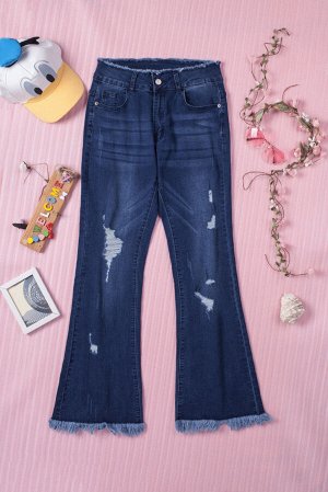 Blue Frayed Ripped High Waist Flare Jeans