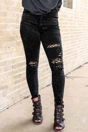 Leopard Patchwork Distressed Skinny Jeans