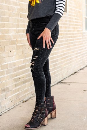 Leopard Patchwork Distressed Skinny Jeans