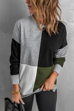 Green Color Block Round Neck Long Sleeves Pullover Sweatshirt
