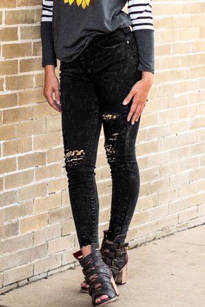 Leopard Patchwork Distressed Skinny Jeans