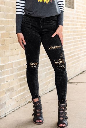 Leopard Patchwork Distressed Skinny Jeans