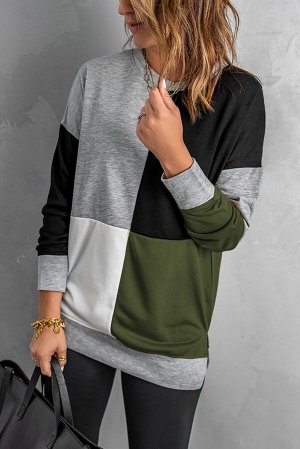 Green Color Block Round Neck Long Sleeves Pullover Sweatshirt