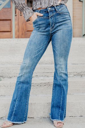 Sky Blue Seamed Raw Hem High Rise Flare Jeans