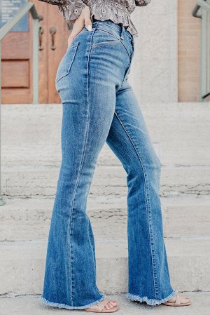 Sky Blue Seamed Raw Hem High Rise Flare Jeans